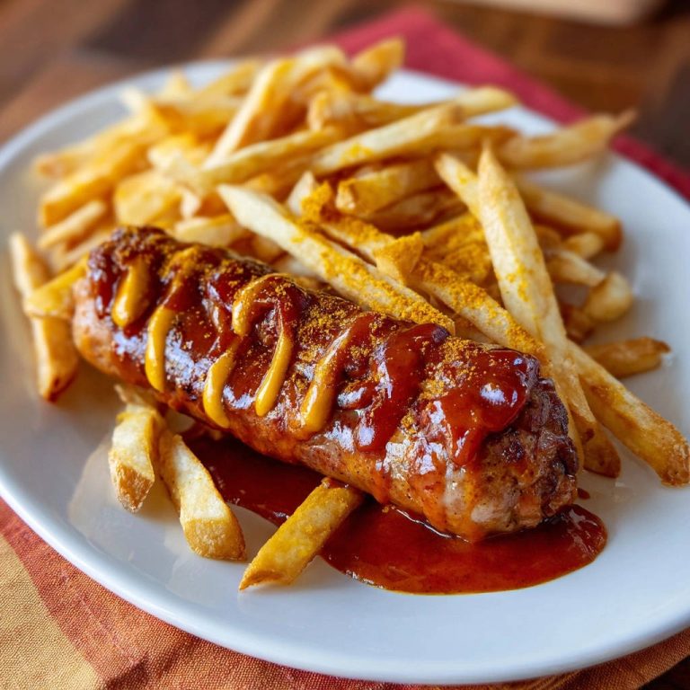 Currywurst mit knusprigen Pommes serviert auf einem weißen Teller, garniert mit Currypulver und Soße, ein beliebtes deutsches Gericht.