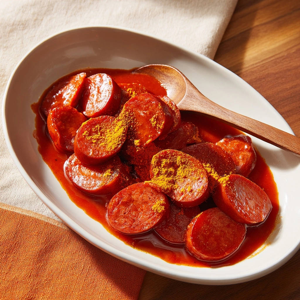 Currywurst Spezial Draufsicht Serviert 1 Currywurst Spezial draufsicht serviert mit Currypulver und Sauce in einer ovalen Schale, serviert mit einem Holzlöffel.