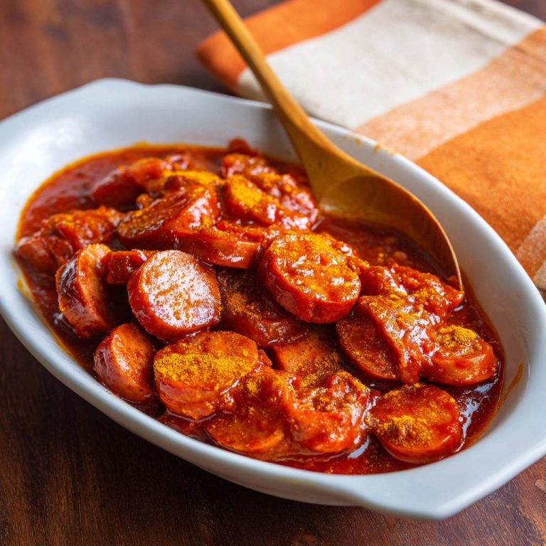 Currywurst Spezial in einer weißen Schüssel, serviert mit einer Holzkelle und einem orangefarbenen Küchentuch im Hintergrund. Die Wurststücke sind mit Currypulver bestreut.