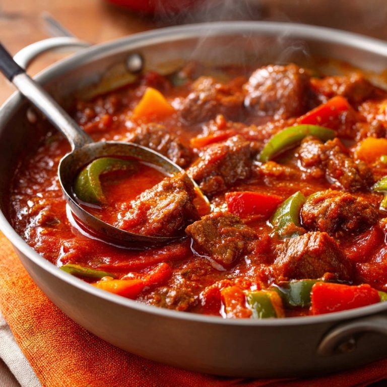 Deftiges Rindergulasch in einer Pfanne, Nahaufnahme mit einem Löffel, der gerade eine Portion aus dem Eintopf schöpft.