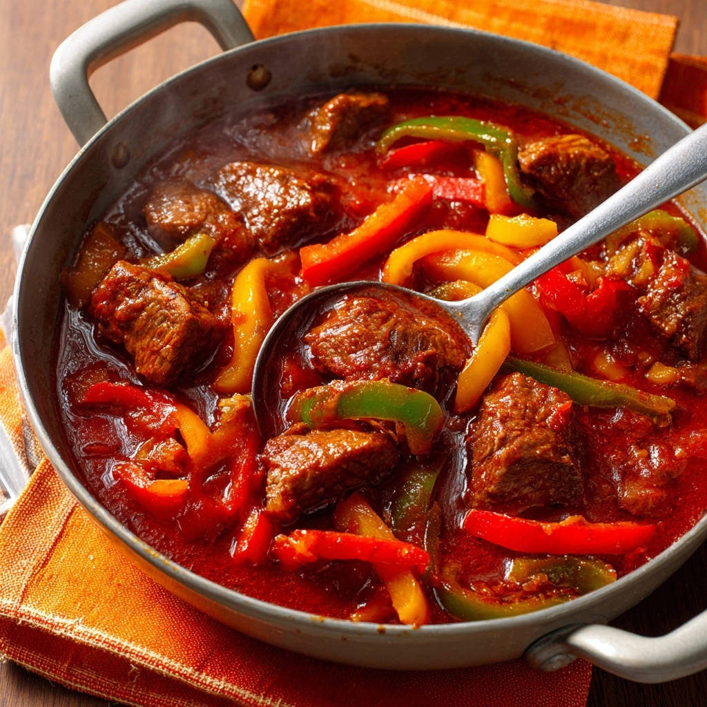 Deftiges Rindergulasch Nahaufnahme Serviert 1 Deftiges Rindergulasch in einer Pfanne serviert. Nahaufnahme zeigt die zarten Fleischstücke und das saftige Gemüse in der Tomatensauce.