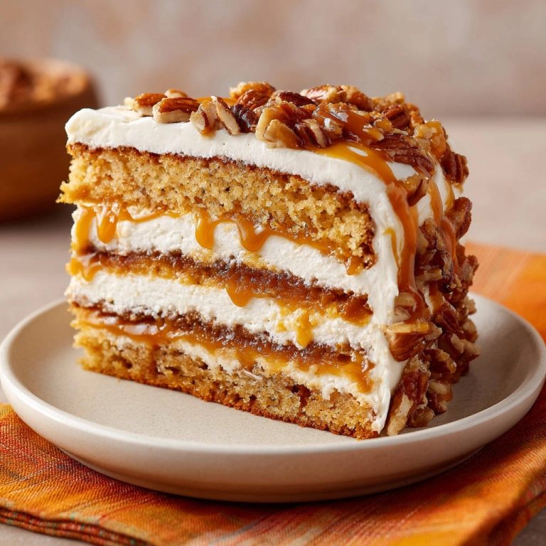 Dekadente Karamell-Pekannuss-Torte in Nahaufnahme: Ein Stück mit saftigen Schichten und cremiger Füllung, serviert auf einem Teller.