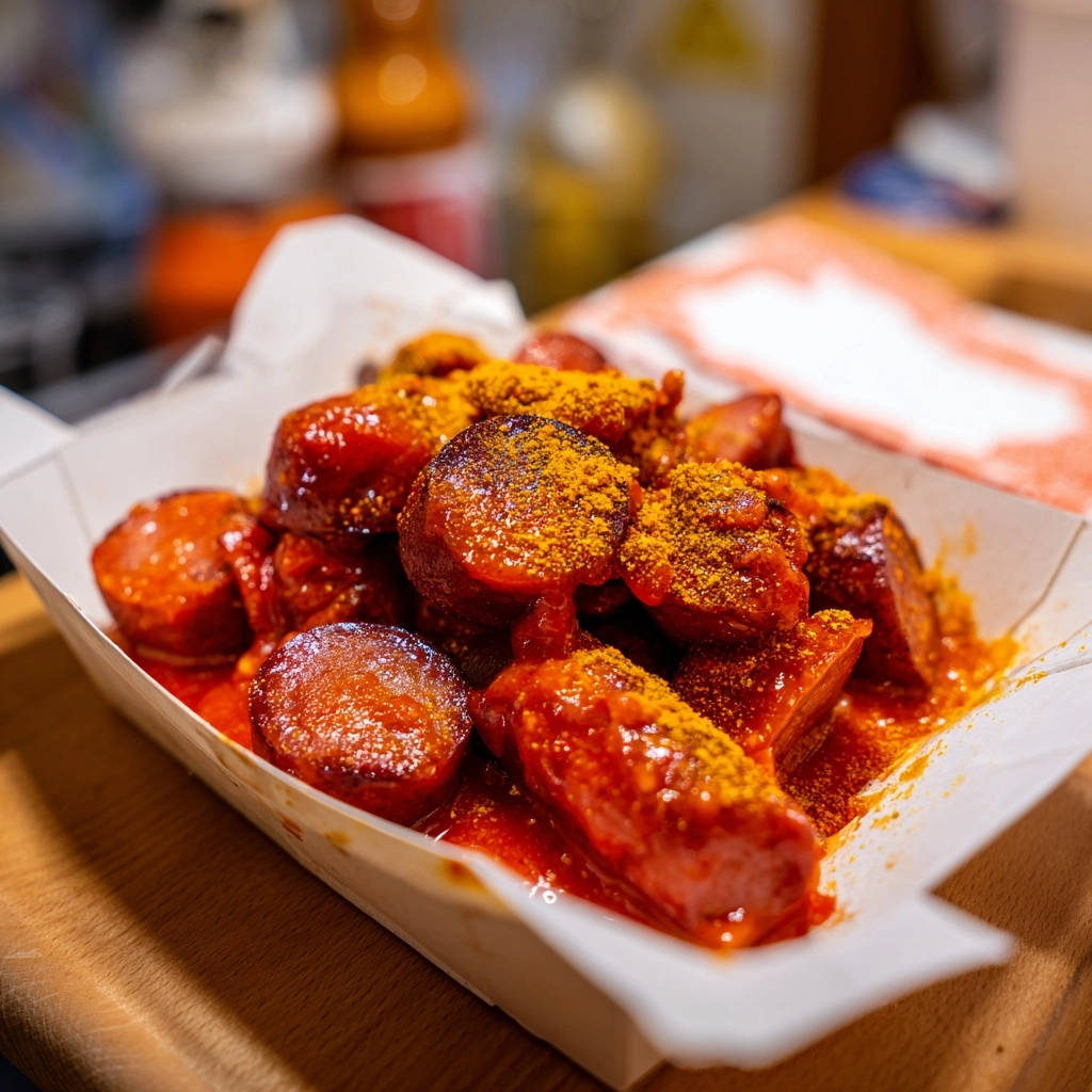 Die Ultimative Currywurst Nahaufnahme Gewuerzt 1 Die ultimative Currywurst in Nahaufnahme, großzügig mit Currypulver bestreut, serviert in einer Pappschale. Die Wurststücke sind in einer köstlichen Sauce getränkt.