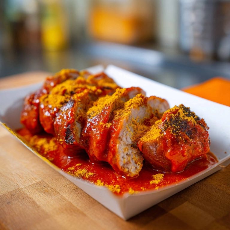 Die ultimative Currywurst in Nahaufnahme: Anschnitt mit saftigem Innenleben, bedeckt mit Currypulver und reichlich Sauce.