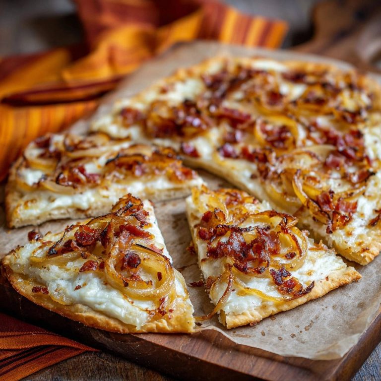Elsässer Flammkuchen Klassik, ein knuspriger Flammkuchen, angeschnitten und serviert auf einem Holzbrett mit frischen Zutaten.