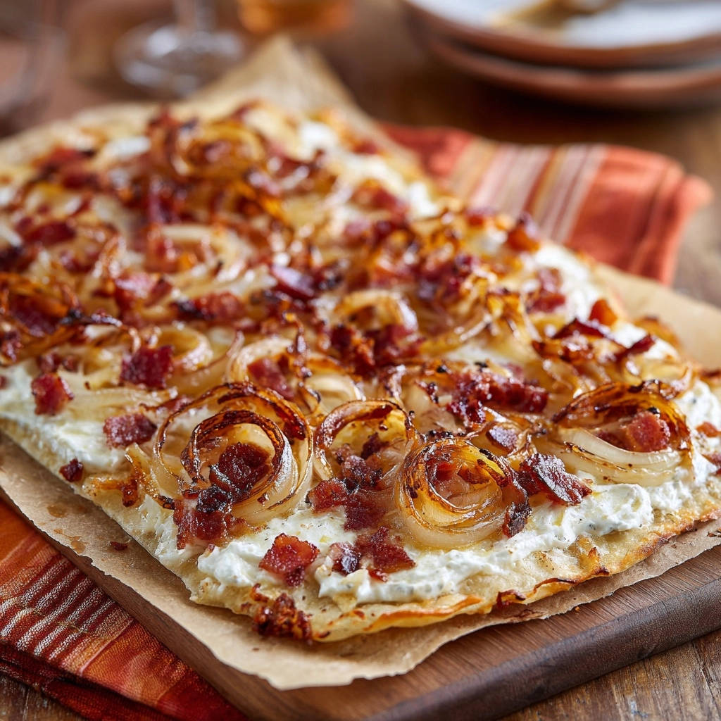 Elsasser Flammkuchen Klassik Draufsicht Serviert 1 Elsässer Flammkuchen Klassik, garniert mit karamellisierten Zwiebeln und Speck, serviert auf einem rustikalen Holzbrett.