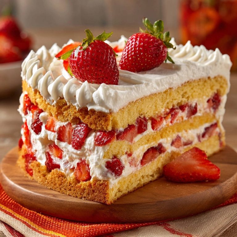 Erdbeer-Sahne-Traum zeigt einen köstlichen Querschnitt mit üppigen Schichten aus Sahne und frischen Erdbeeren. Dieser Kuchen ist ein Traum!