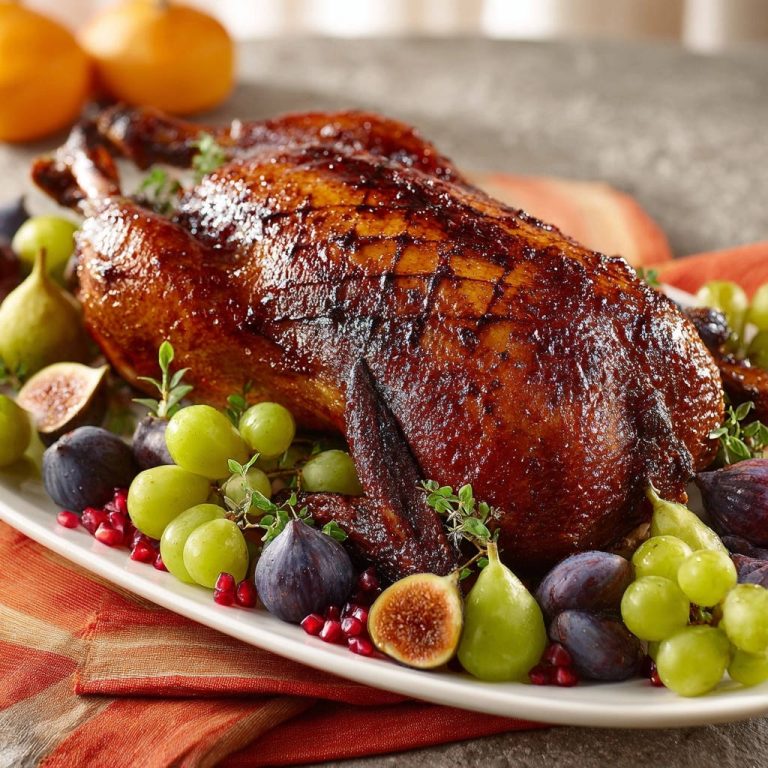 Festlicher Entenbraten mit herbstlicher Frucht zeigt eine appetitliche Draufsicht mit goldbrauner Haut, garniert mit Feigen und Trauben.