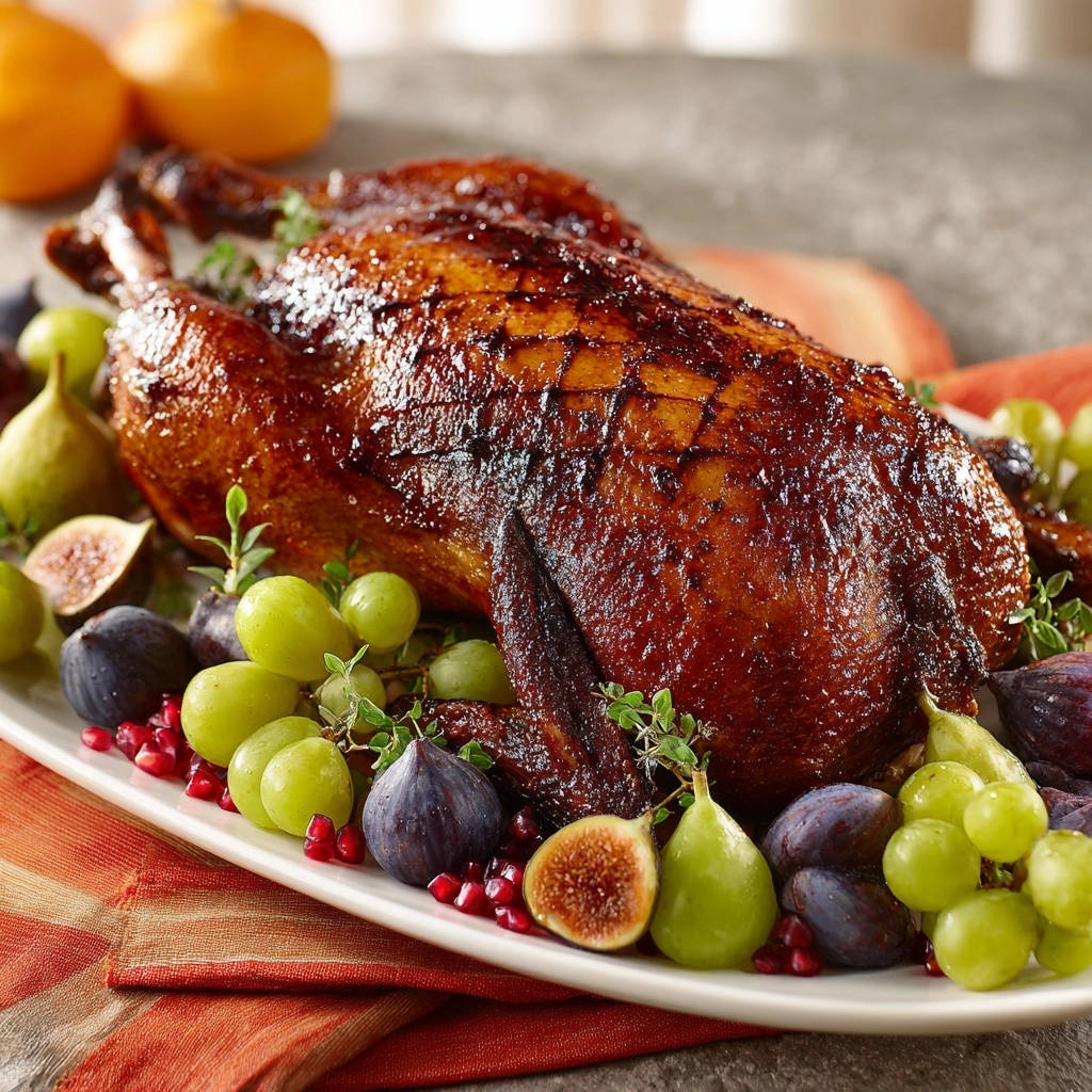 Festlicher Entenbraten mit herbstlicher Frucht zeigt eine appetitliche Draufsicht mit goldbrauner Haut, garniert mit Feigen und Trauben.