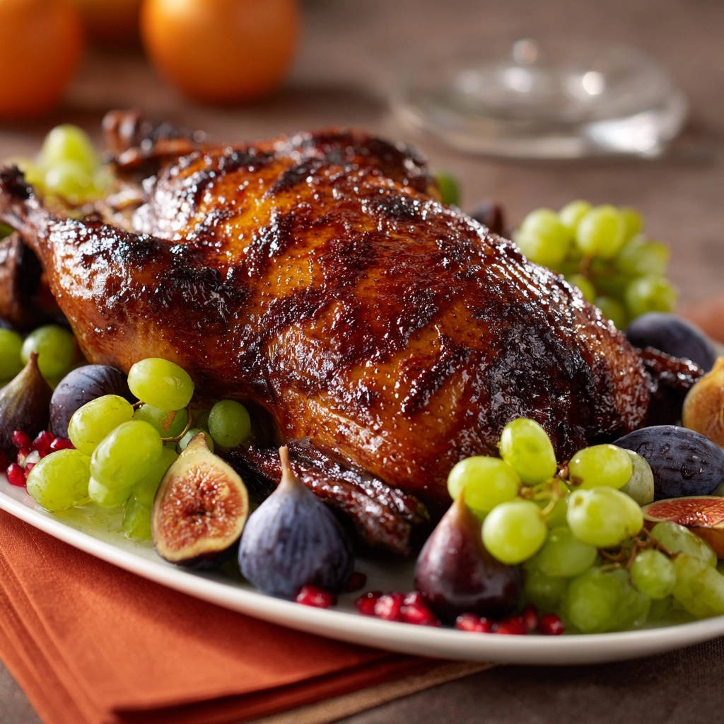 Festlicher Entenbraten Mit Herbstlicher Frucht Draufsicht 1 Festlicher Entenbraten mit herbstlicher Frucht in voller Pracht, garniert mit Trauben, Feigen und Granatapfelkernen auf einer Servierplatte.