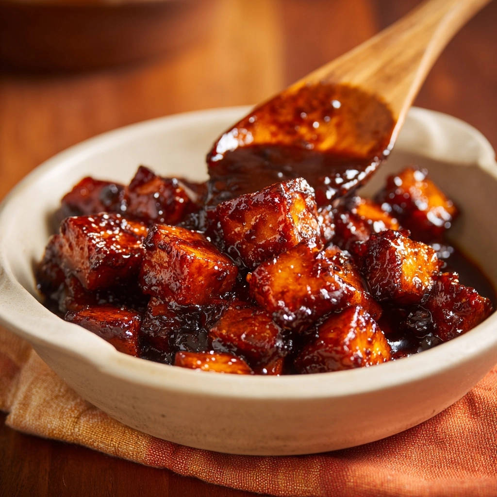 Glasierte Tofu Wuerfel Mit Sesam Nahaufnahme Glanz 1 Glasierte Tofu-Würfel mit Sesam in Nahaufnahme, glänzend von der Glasur bedeckt, serviert in einer rustikalen Schale. Ein Holzlöffel hebt die Soße.