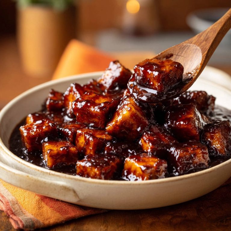 Glasierte Tofu-Würfel mit Sesam, glänzend in dunkler Soße, werden von einem Holzlöffel aus der Schüssel gehoben. Die perfekte Glasur umhüllt die Tofuwürfel.