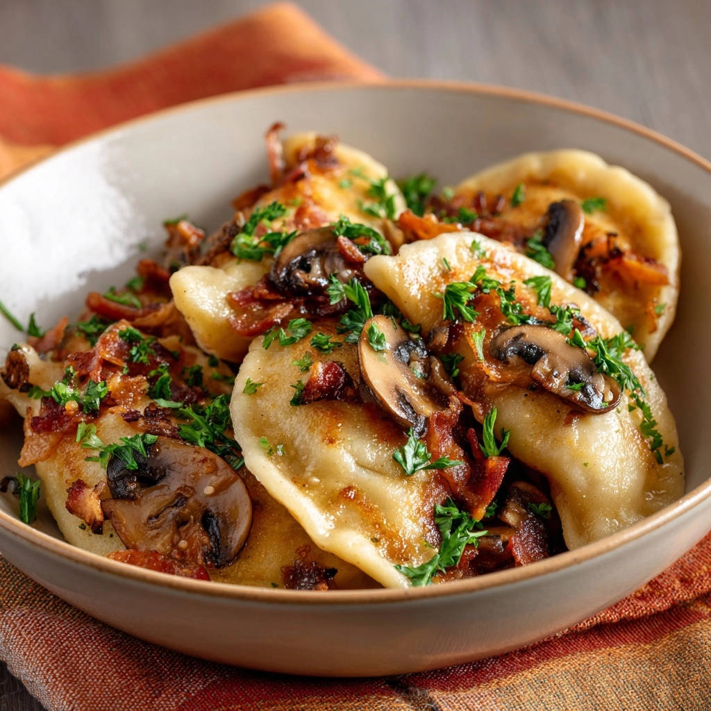 Goldbraune Gnocchi Pfanne Mit Pilzen Nahaufnahme 1 Goldbraune Gnocchi-Pfanne mit Pilzen und krossem Bacon in Nahaufnahme, garniert mit frischer Petersilie in einer Schüssel serviert.