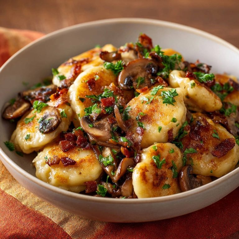 Goldbraune Gnocchi-Pfanne mit Pilzen, garniert mit knusprigem Bacon und frischer Petersilie, in einer Nahaufnahme serviert.