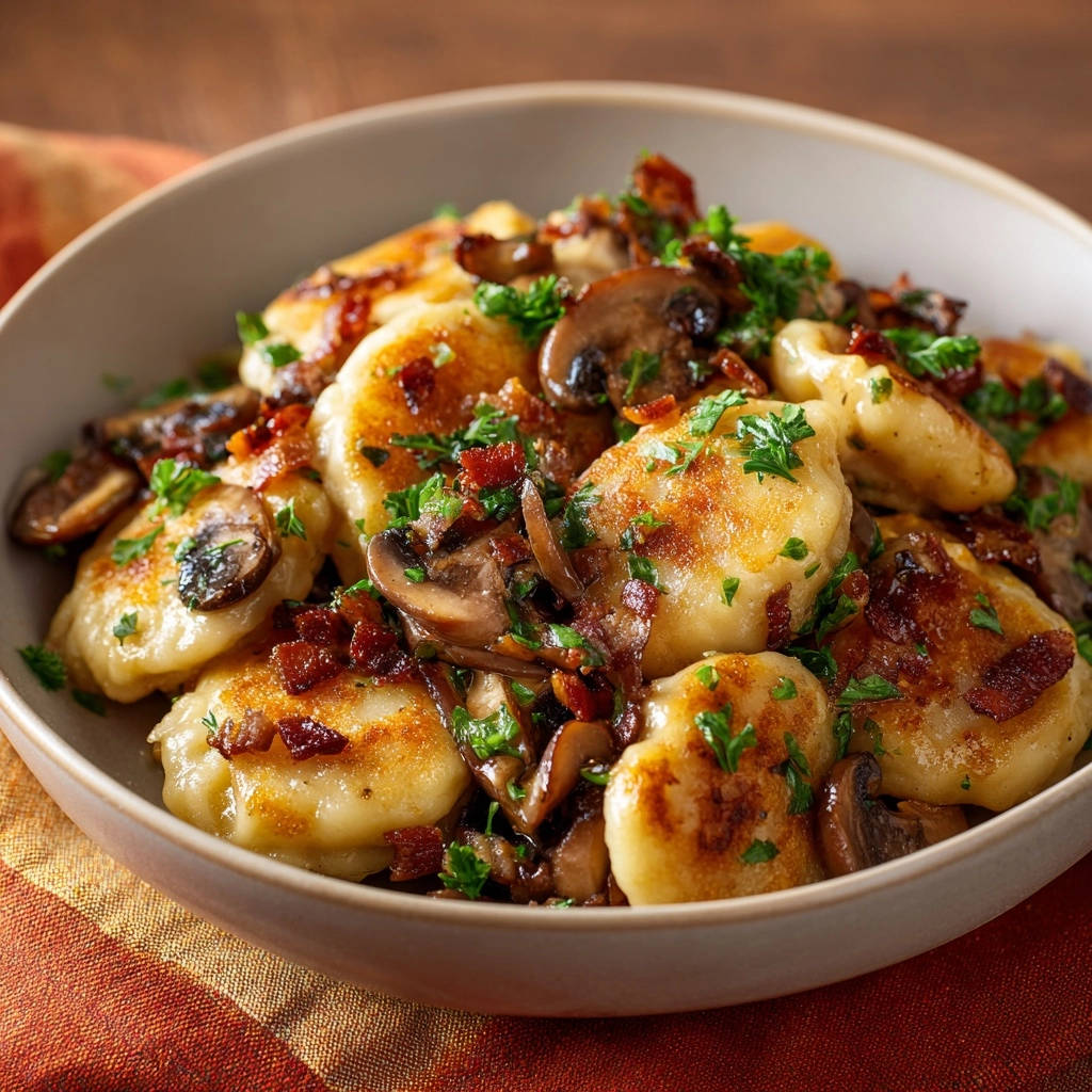 Goldbraune Gnocchi-Pfanne mit Pilzen, garniert mit knusprigem Bacon und frischer Petersilie, in einer Nahaufnahme serviert.