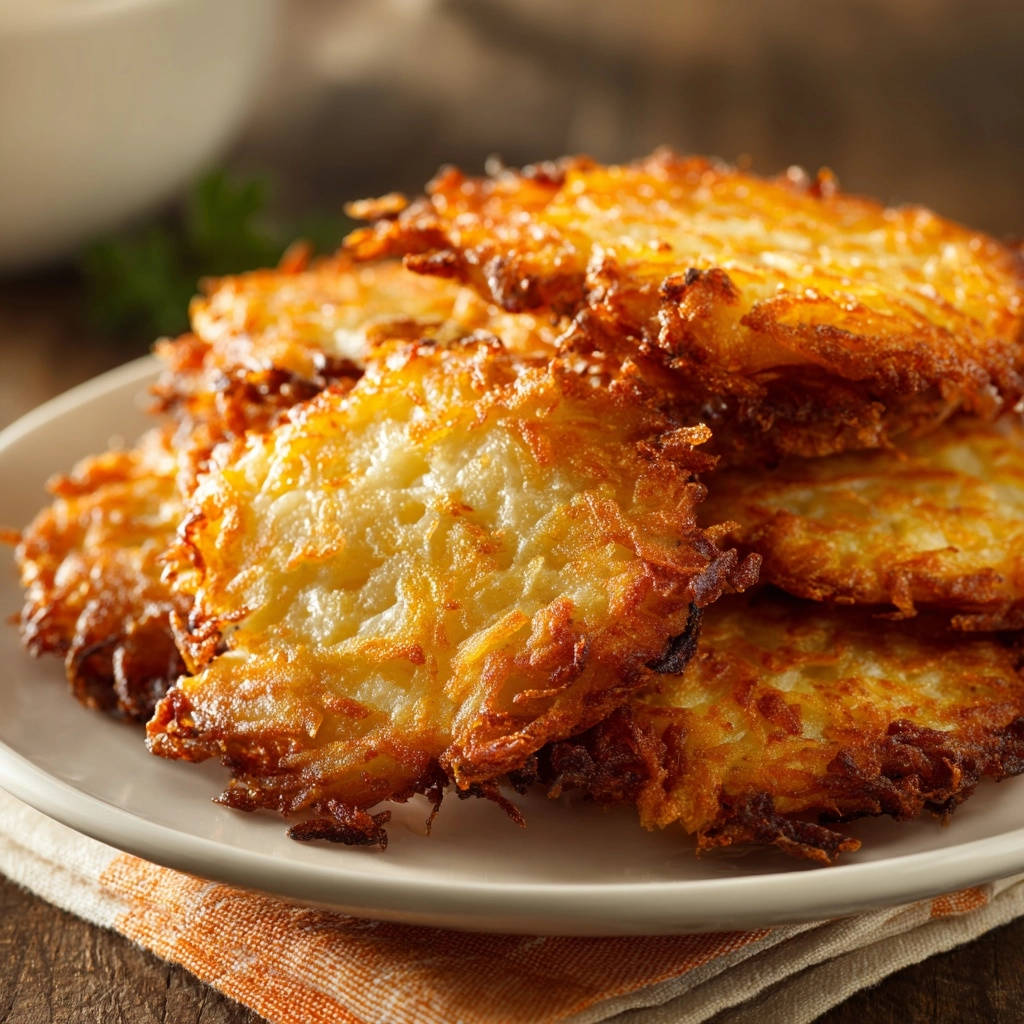 Goldbraune Kartoffelpuffer Nahaufnahme Serviert 1 Goldbraune Kartoffelpuffer, serviert auf einem weißen Teller, sind in dieser Nahaufnahme zu sehen. Die knusprigen Puffer liegen gestapelt und bereit zum Genuss.