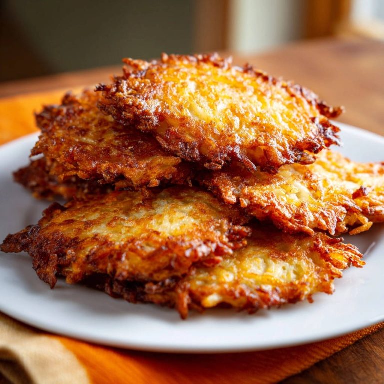Goldbraune Kartoffelpuffer, serviert auf einem weißen Teller, zeigen eine Nahaufnahme ihrer goldbraunen, knusprigen Textur.