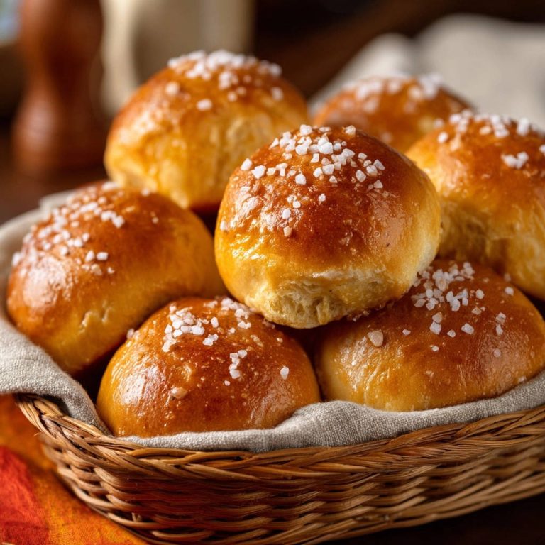Goldbraune Salz-Brötchen in Nahaufnahme, mit knuspriger Kruste und grobem Salz bestreut, liegen appetitlich in einem Korb.