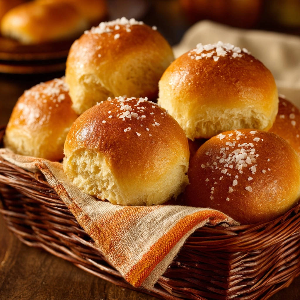 Goldbraune Salz Brotchen Nahaufnahme Mit Salzflocken 1 Goldbraune Salz-Brötchen in Nahaufnahme, von groben Salzflocken bedeckt, die auf den goldbraunen Brötchen glänzen, serviert in einem Korb.