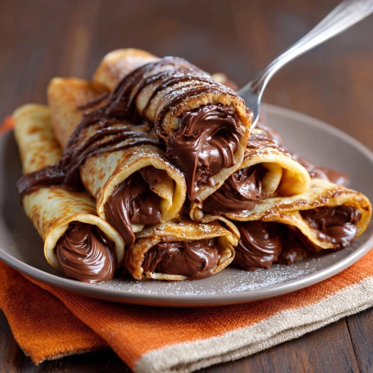 Goldbraune Schoko-Crêpes mit flüssiger Nutella-Füllung in Nahaufnahme serviert. Die Crêpes sind goldbraun und mit Puderzucker bestäubt.