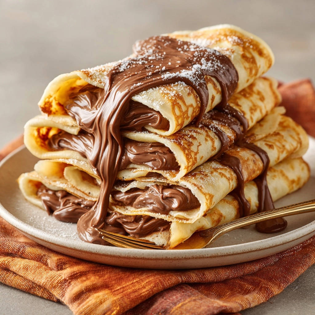 Goldbraune Schoko Crepes Nahaufnahme Schokosauce 1 Goldbraune Schoko-Crêpes, serviert mit fließender Schokoladensauce, in einer Nahaufnahme, die die Textur der Crêpes und der Füllung zeigt.