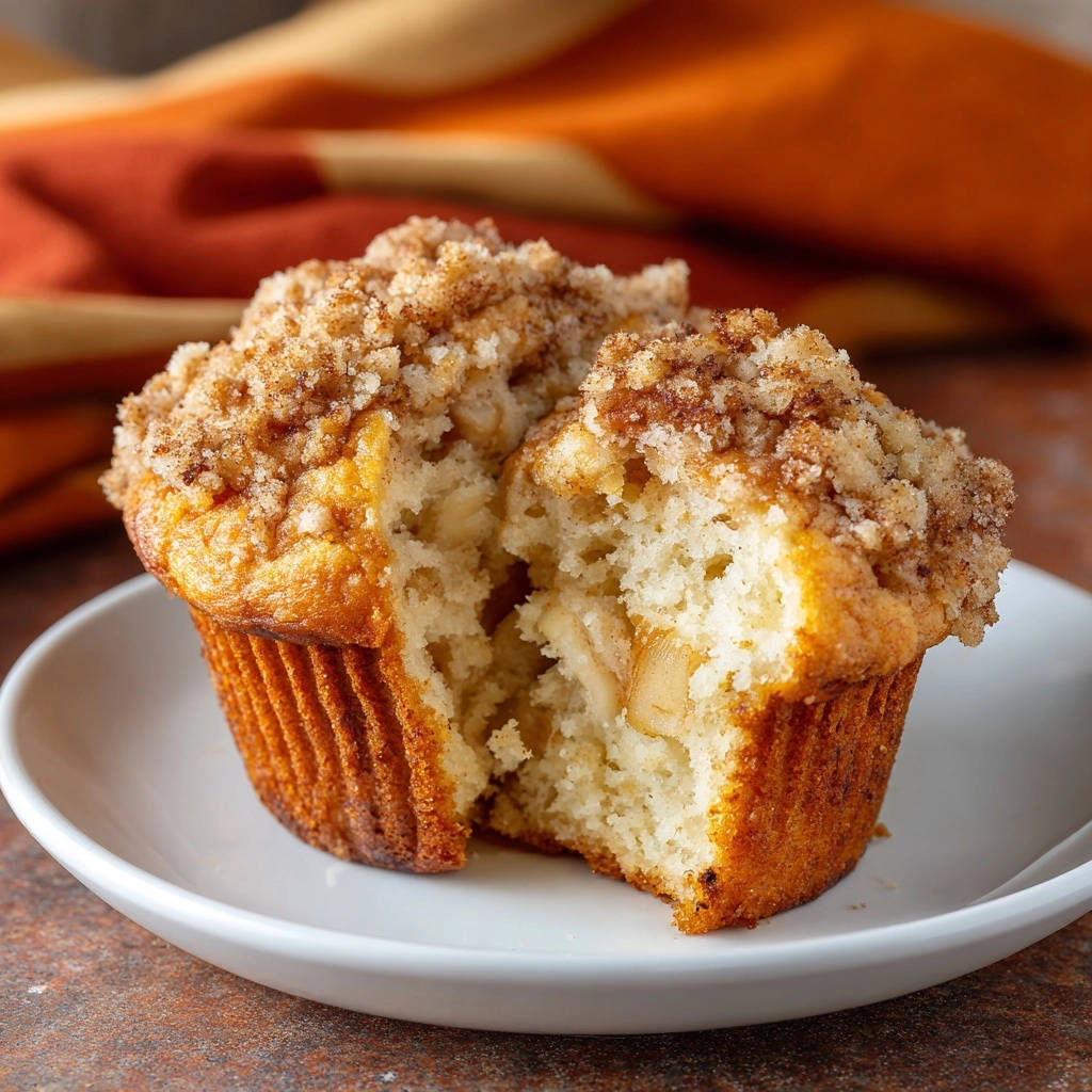 Goldene Apfel Streusel Muffins Querschnitt 1 Goldene Apfel-Streusel-Muffins im Nahaufnahme-Querschnitt, der die saftige Textur und die Apfelstücke im Inneren zeigt.