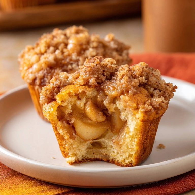 Goldene Apfel-Streusel-Muffins im Querschnitt, der die saftige Apfelfüllung und den knusprigen Streusel-Belag zeigt.