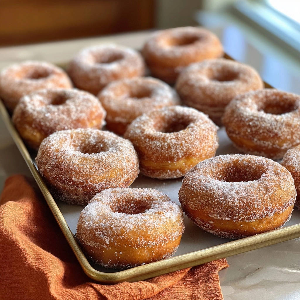 Goldene Krapfenballchen Draufsicht Zucker 1 Goldene Krapfenbällchen, von oben betrachtet, auf einem Blech angerichtet und mit reichlich Zucker bestreut. Die frittierten Krapfen sind goldbraun und appetitlich.