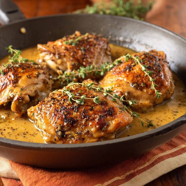 Hähnchenschenkel aus der Pfanne in einer Pfanne serviert, garniert mit frischem Thymian und einer köstlichen Sauce, Nahaufnahme.