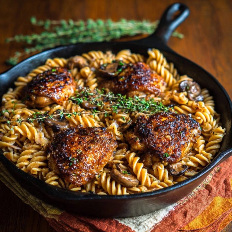 Hähnchen-Fusilli-Pfanne in einer gusseisernen Pfanne, aus der Vogelperspektive gesehen, mit perfekt gebräuntem Hähnchen und cremiger Pasta.