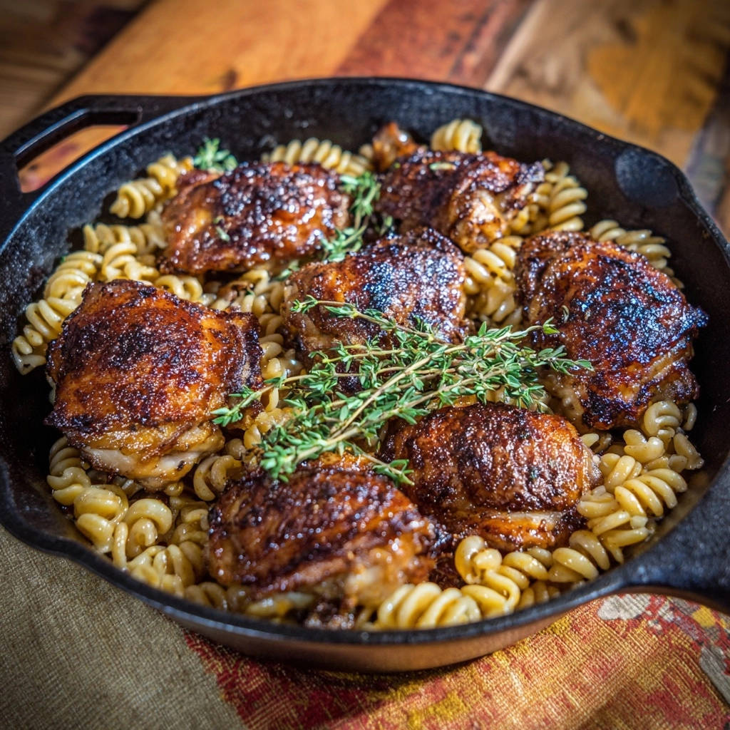 Hahnchen Fusilli Pfanne Draufsicht Serviert 1 Hähnchen-Fusilli-Pfanne, serviert in einer gusseisernen Pfanne, mit knuspriger Hähnchenhaut und goldbraunen Fusilli-Nudeln. Dazu frischer Thymian.