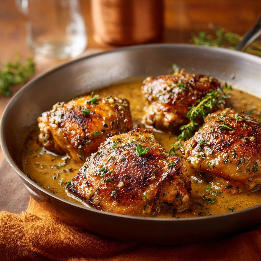 Hahnchenschenkel Aus Der Pfanne Nahaufnahme 1 Hähnchenschenkel aus der Pfanne in einer Nahaufnahme, die die knusprige Haut und die saftige Sauce zeigt. Die goldbraunen Schenkel sind mit frischen Kräutern garniert.