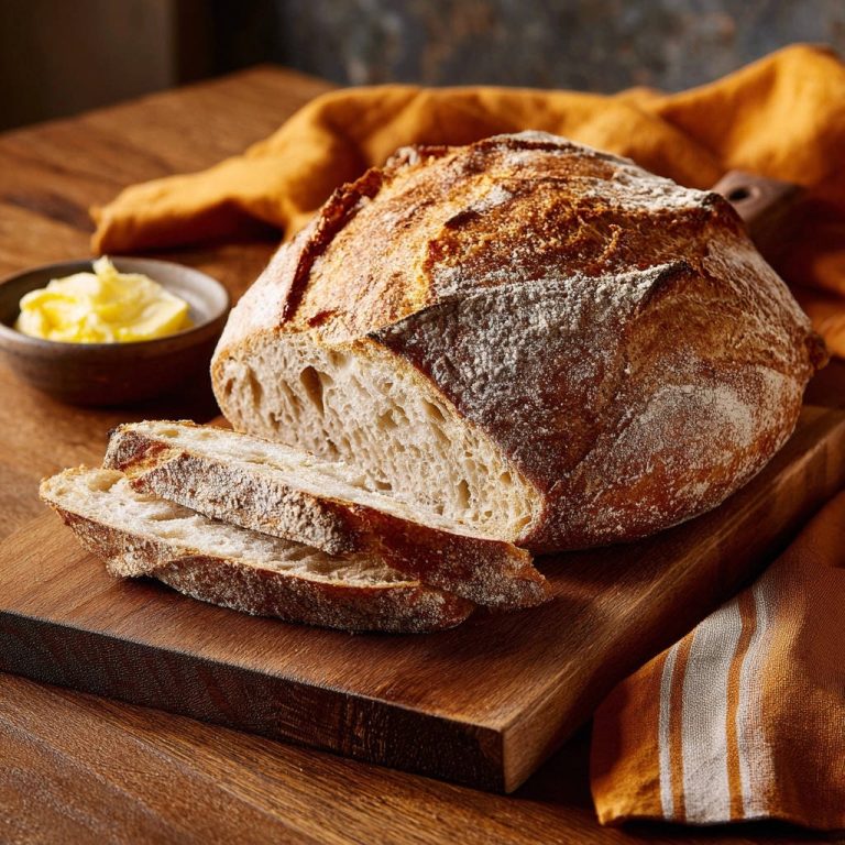 Hausgemachtes Bauernbrot mit knuspriger Kruste, angeschnitten. Der saftige Querschnitt zeigt die Textur, serviert mit Butter.