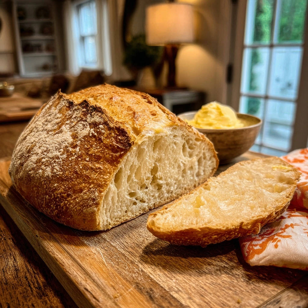 Hausgemachtes Bauernbrot Querschnitt Nahaufnahme 1 Hausgemachtes Bauernbrot zeigt einen detaillierten Querschnitt der Kruste und Krume. Die grobporige Struktur des Brotes sieht verlockend aus.