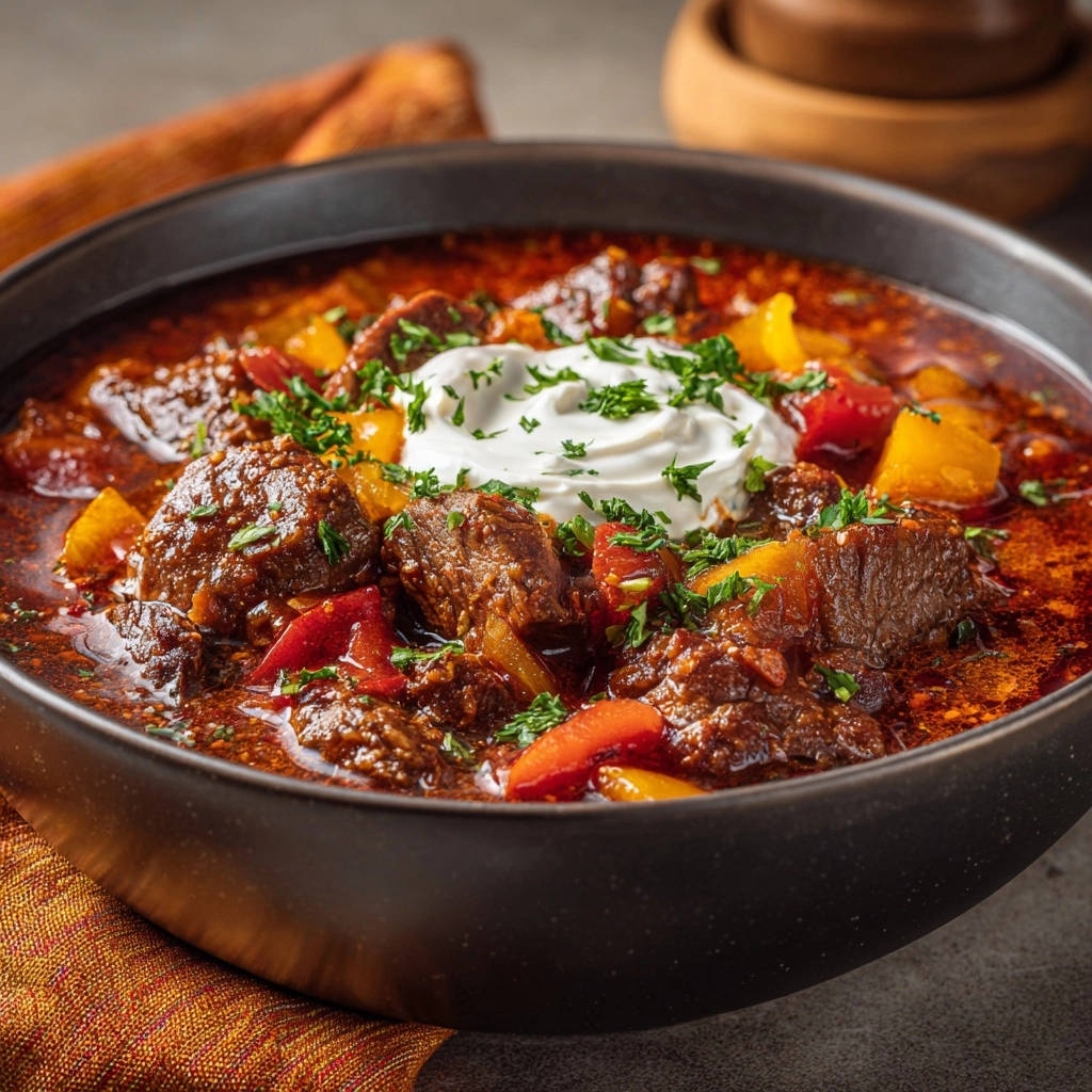 Hausgemachtes Gulasch Nahaufnahme Serviert 1 Hausgemachtes Gulasch in einer dunklen Schüssel serviert, mit einem Klecks Sauerrahm und frischen Kräutern garniert.