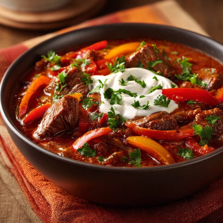 Hausgemachtes Gulasch, serviert in einer dunklen Schüssel, zeigt eine Nahaufnahme des geschmorten Fleisches und der Paprika, garniert mit frischer Petersilie.