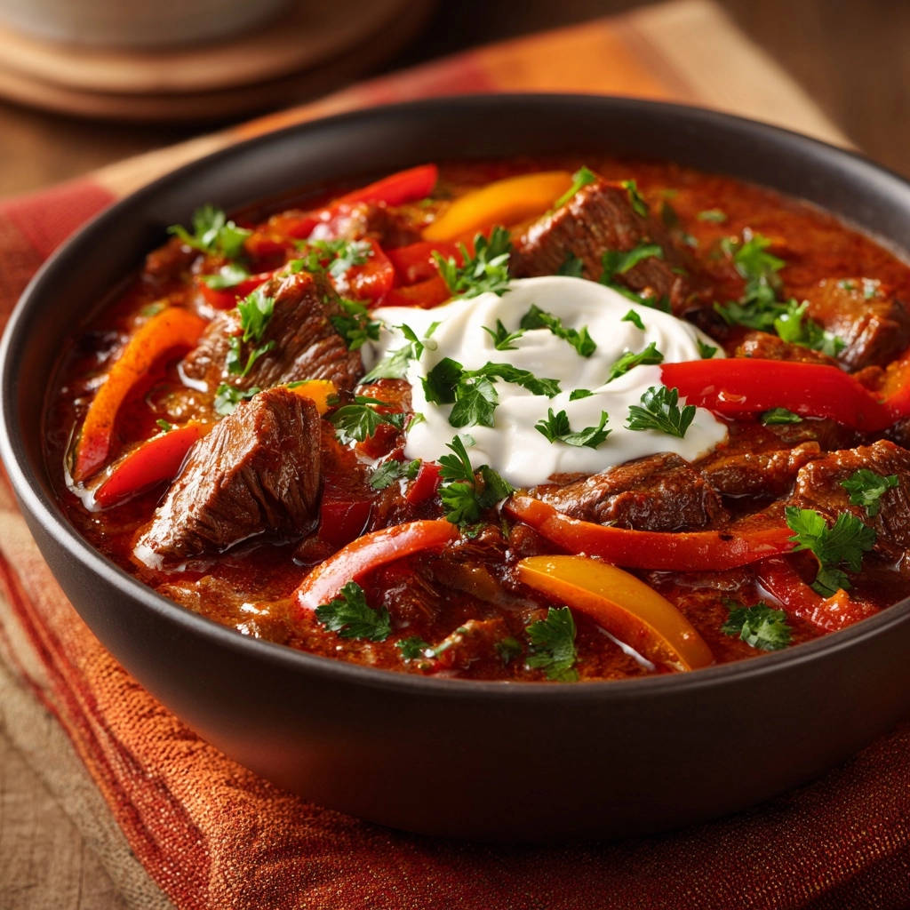Hausgemachtes Gulasch, serviert in einer dunklen Schüssel, zeigt eine Nahaufnahme des geschmorten Fleisches und der Paprika, garniert mit frischer Petersilie.