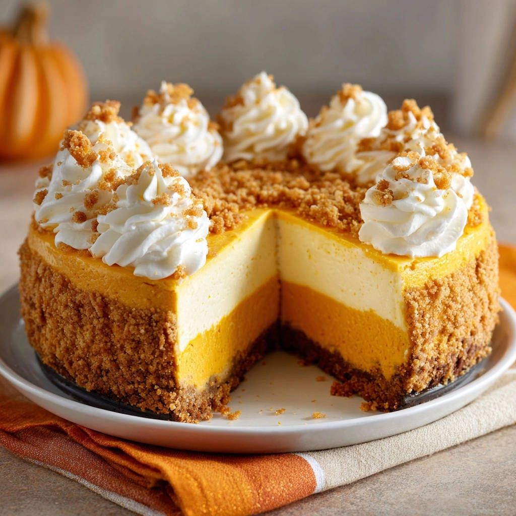 Herbstlicher Kurbis Kasekuchen Querschnitt 1 Herbstlicher Kürbis-Käsekuchen ohne Backen mit einem Anschnitt, der die cremigen Schichten und die knusprige Kruste zeigt.