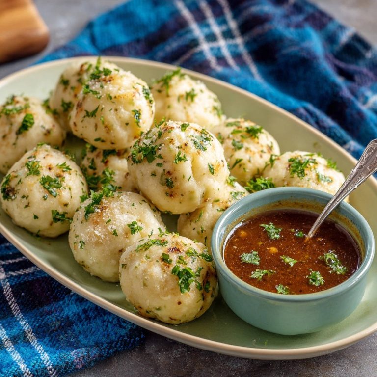 Herzhafte Kartoffelknödel mit Kräuter-Bröselbutter serviert auf einem Teller, serviert mit einer köstlichen Sauce zum Dippen. Die Knödel sind mit frischen Kräutern garniert.