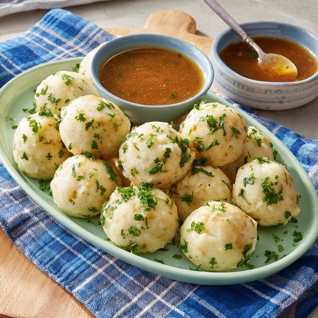 Herzhafte Kartoffelknoedel Serviert 1 Herzhafte Kartoffelknödel serviert auf einem grünen Teller, garniert mit frischer Petersilie und serviert mit köstlicher Brühe.