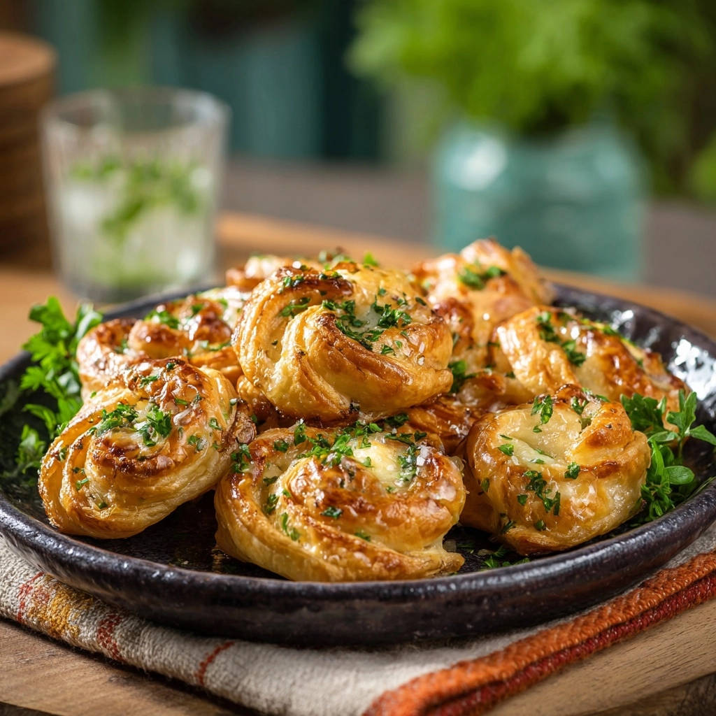 Herzhafte Mini Croissants Draufsicht Serviert 1 Herzhafte Mini-Croissants, serviert auf einem dunklen Teller, zeigen eine appetitliche Draufsicht. Die goldbraunen Croissants sind frisch gebacken und mit Kräutern garniert.