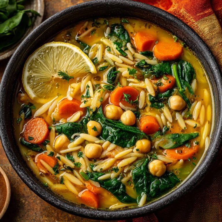 Herzhafte Orzo-Gemüse-Suppe in einer schwarzen Schüssel, mit Karotten, Kichererbsen, Spinat und einer Zitronenscheibe von oben gesehen.