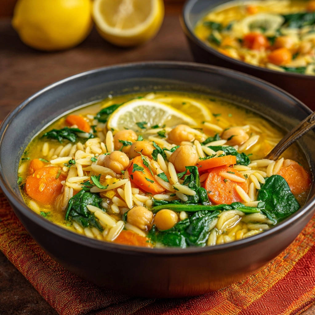 Herzhafte Orzo Gemuese Suppe Serviert 1 Herzhafte Orzo-Gemüse-Suppe serviert in einer dunklen Schüssel, garniert mit Zitronenscheibe und frischer Petersilie.