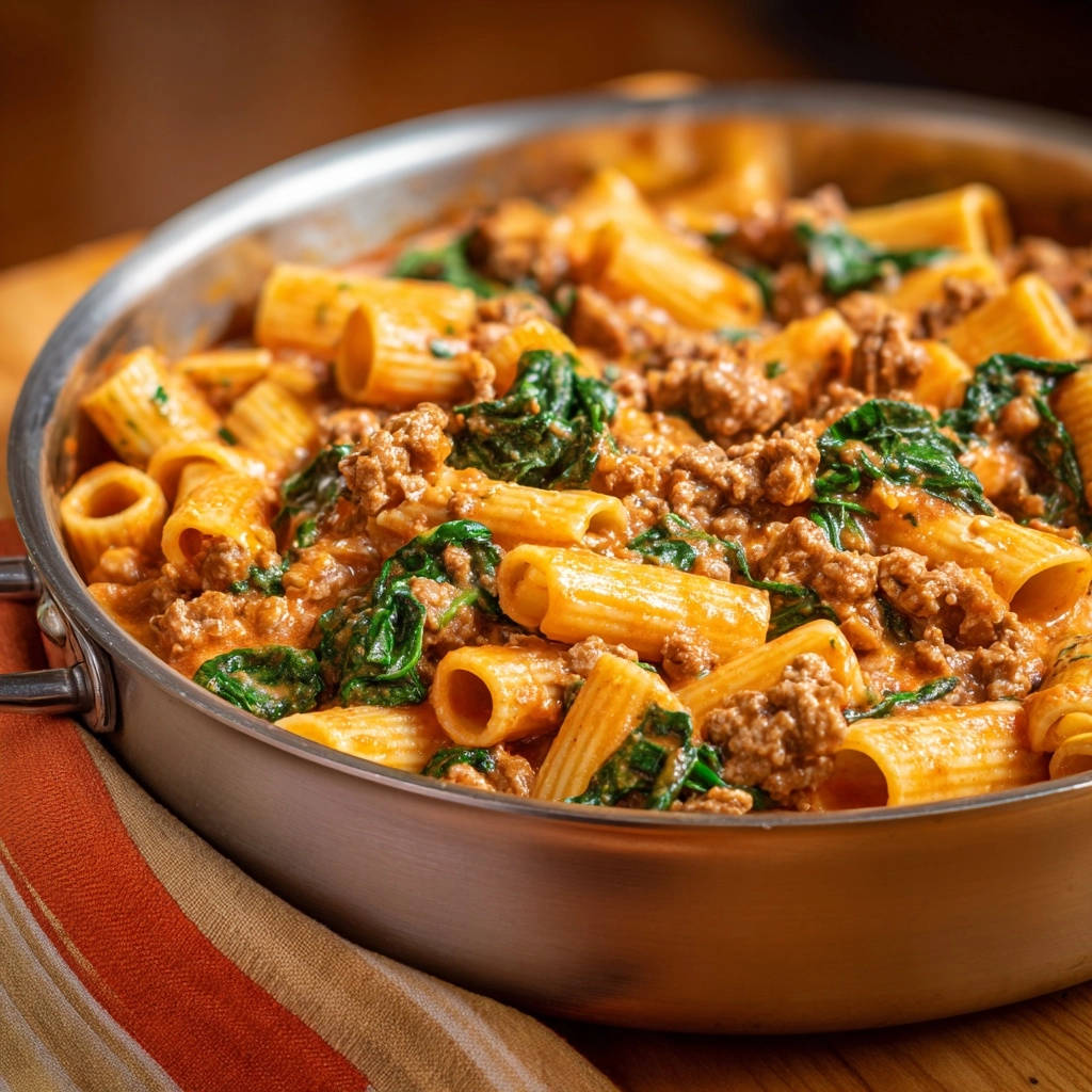 Herzhafte Rigatoni Pfanne Hackfleisch Spinat Draufsicht 1 Herzhafte Rigatoni-Pfanne mit Hackfleisch und Spinat in einer Pfanne, von oben fotografiert. Die cremige Sauce umschließt die Rigatoni und den Spinat.