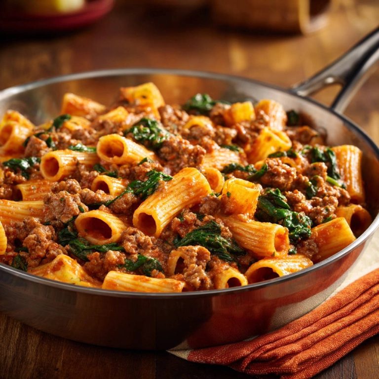 Herzhafte Rigatoni-Pfanne mit Hackfleisch und Spinat in einer Pfanne, serviert in Nahaufnahme von oben, mit frischem Gemüse.