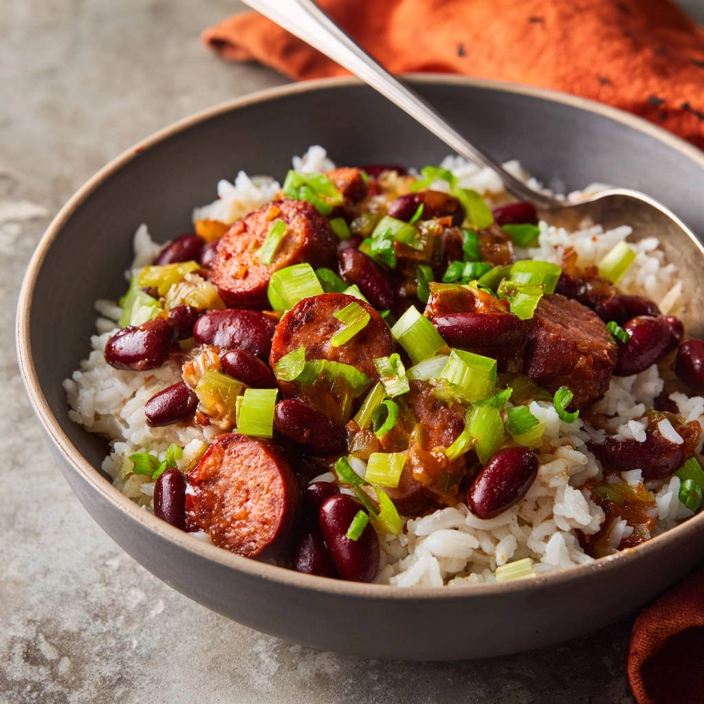 Herzhafte Rote Bohnen Mit Wurst Und Reis Serviert 1 Herzhafte Rote Bohnen mit Wurst und Reis, serviert in einer dunklen Schüssel, mit frischen Frühlingszwiebeln garniert und bereit zum Genießen.