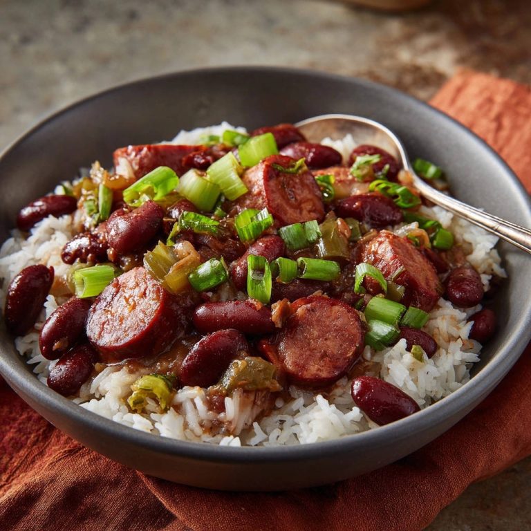 Herzhafte Rote Bohnen mit Wurst und Reis, serviert in einer dunklen Schüssel, mit frischen Frühlingszwiebeln garniert, bereit zum Genießen.