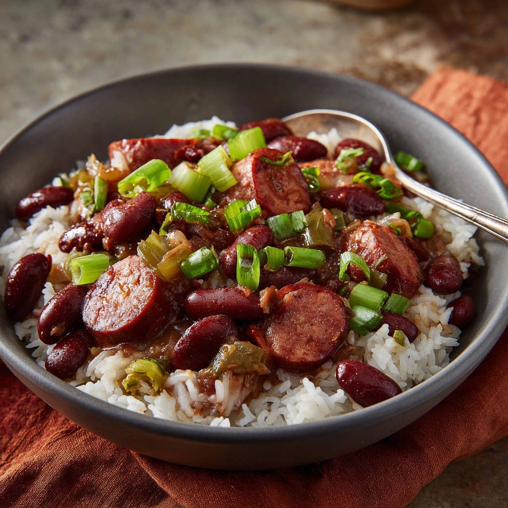 Herzhafte Rote Bohnen mit Wurst und Reis, serviert in einer dunklen Schüssel, mit frischen Frühlingszwiebeln garniert, bereit zum Genießen.
