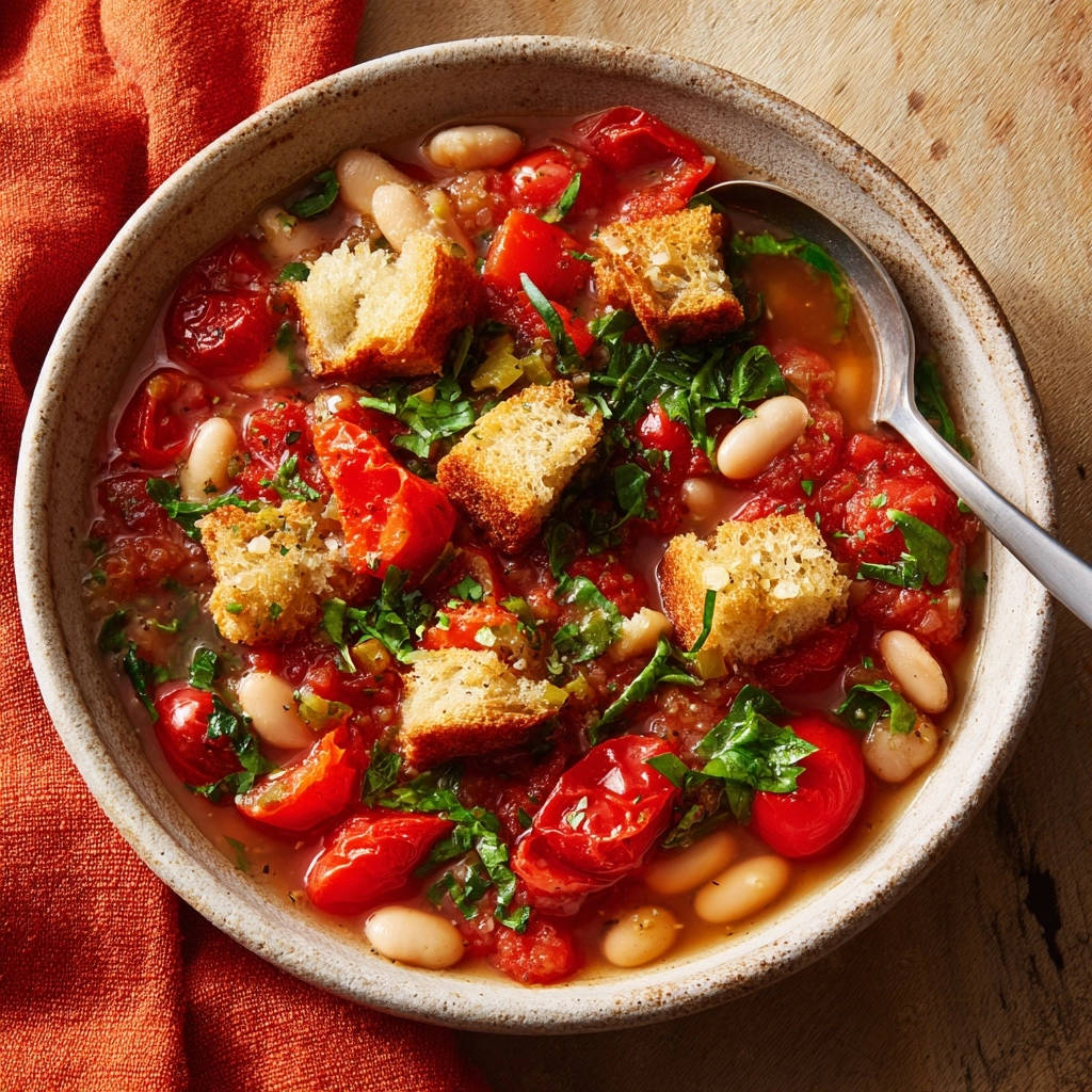 Herzhafte Tomaten Bohnen Suppe Mit Croutons Draufsicht 1 Herzhafte Tomaten-Bohnen-Suppe mit knusprigen Croutons in einer Schüssel, serviert von oben mit einem Löffel und frischen Kräutern.