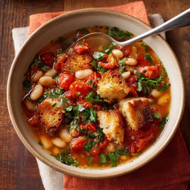 Herzhafte Tomaten-Bohnen-Suppe mit knusprigen Croutons in einer Schüssel, serviert von oben, mit Löffel und knusprigen Brotstücken.